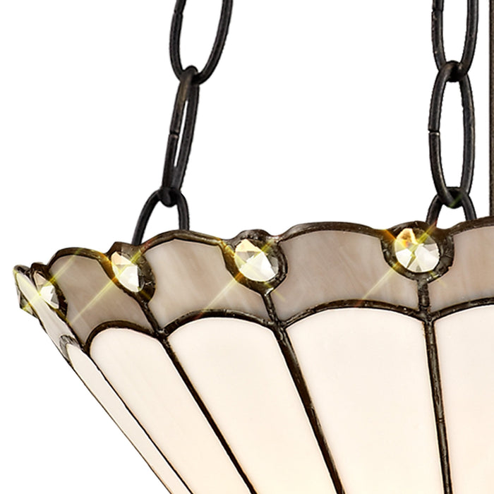 Nelson Lighting NLK03359 Umbrian 2 Light Up Lighter Pendant With 30cm Tiffany Shade Grey/Chrome/Crystal/Aged Antique Brass