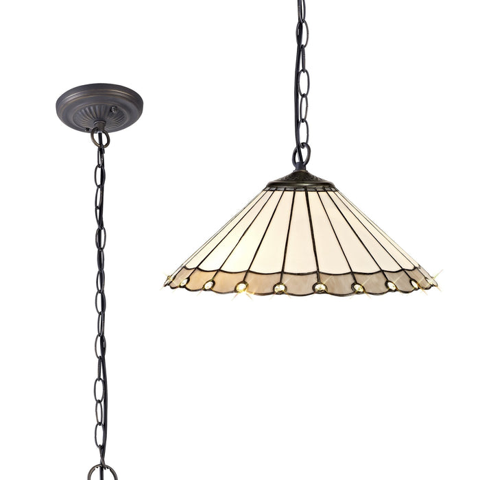 Nelson Lighting NLK03409 Umbrian 1 Light Down Lighter Pendant With 40cm Tiffany Shade Grey/Chrome/Crystal/Aged Antique Brass