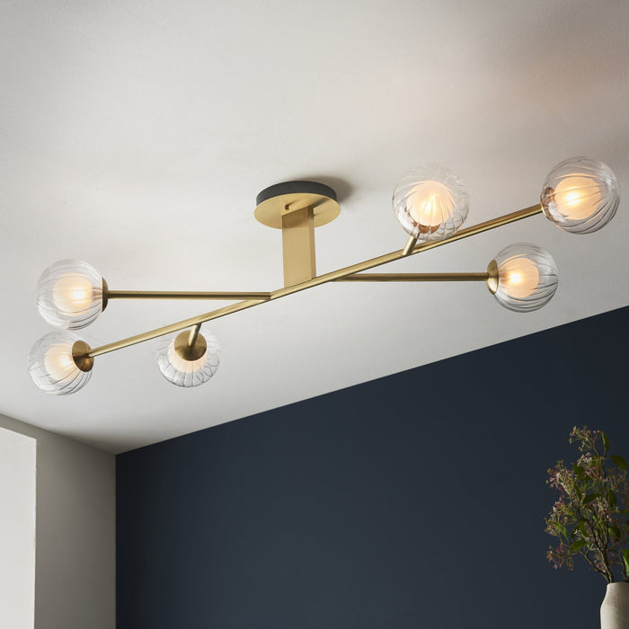 Nelson Lighting NL946689 6 Light Semi Flush Ceiling Light Satin Brass Plate & Clear/frosted Glass