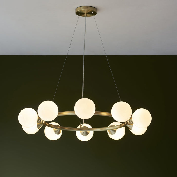 Nelson Lighting NL146008 Pendant 10 Light Satin Brass Plate And Gloss White Glass