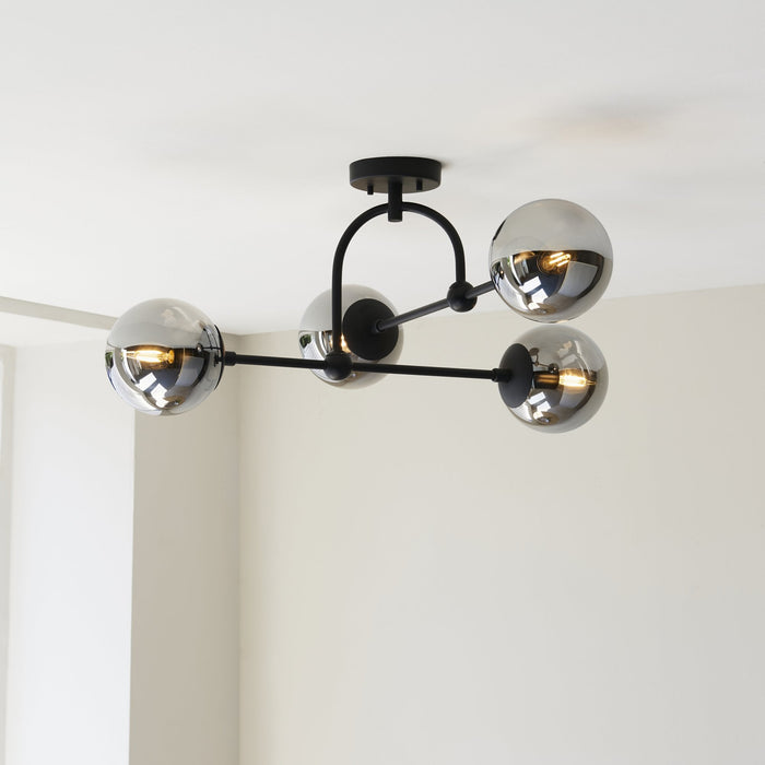 Nelson Lighting NL146662 Semi Flush Ceiling 4 Light Matt Black And Smoked Mirror Glass