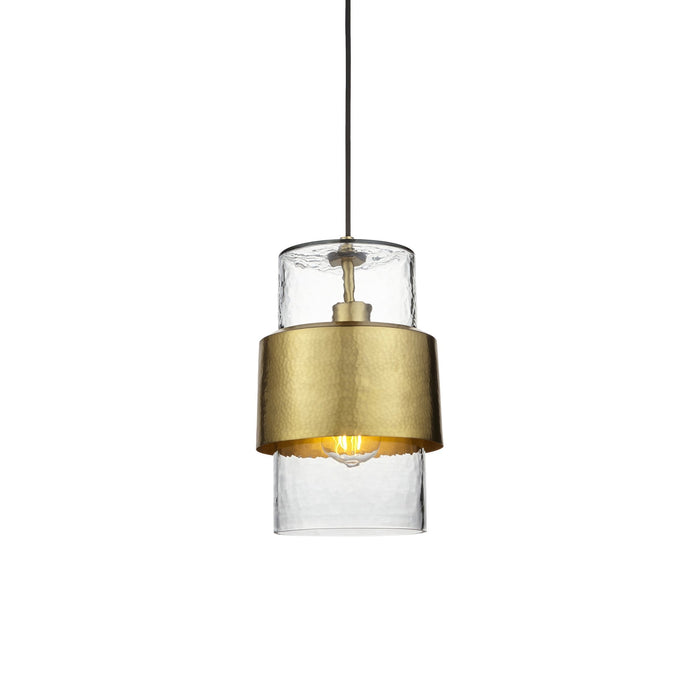 Nelson Lighting NL146718 Pendant 1 Light Hammered Brass Plate And Textured Clear Glass