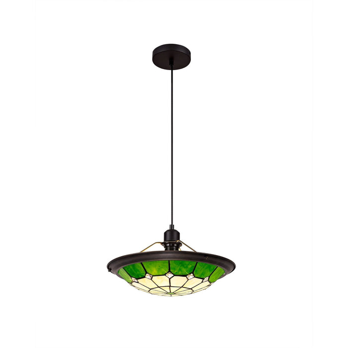 Nelson Lighting NLK00079 Archie 1 Light Pendant With 35cm Tiffany Shade CRome/Green/Clear Crystal Centre/Aged Antique Brass Trim/Black