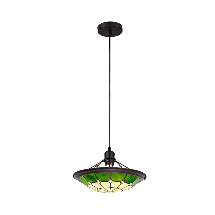 Nelson Lighting NLK00079 Archie 1 Light Pendant With 35cm Tiffany Shade CRome/Green/Clear Crystal Centre/Aged Antique Brass Trim/Black