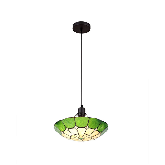 Nelson Lighting NLK00079 Archie 1 Light Pendant With 35cm Tiffany Shade CRome/Green/Clear Crystal Centre/Aged Antique Brass Trim/Black