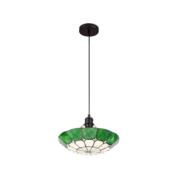 Nelson Lighting NLK00079 Archie 1 Light Pendant With 35cm Tiffany Shade CRome/Green/Clear Crystal Centre/Aged Antique Brass Trim/Black