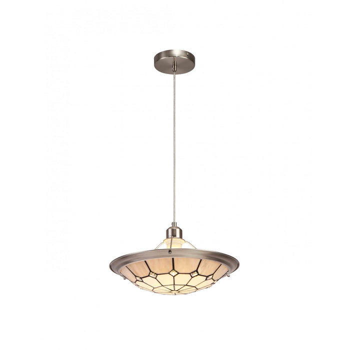 Nelson Lighting NLK00099 Archie 1 Light Pendant With 35cm Tiffany Shade CRome/Grey/Crystal Centre/Satin Nickel Brass Trim/Satin Nickel