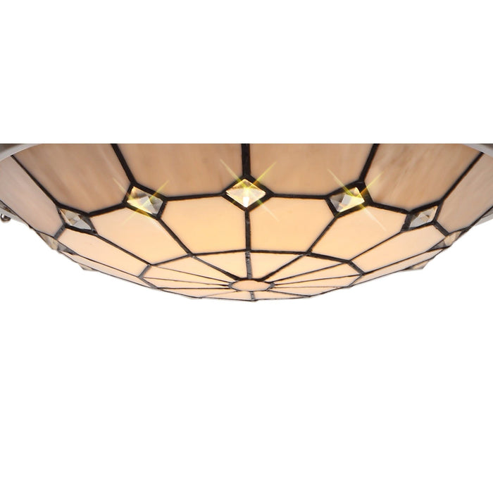 Nelson Lighting NLK00099 Archie 1 Light Pendant With 35cm Tiffany Shade CRome/Grey/Crystal Centre/Satin Nickel Brass Trim/Satin Nickel