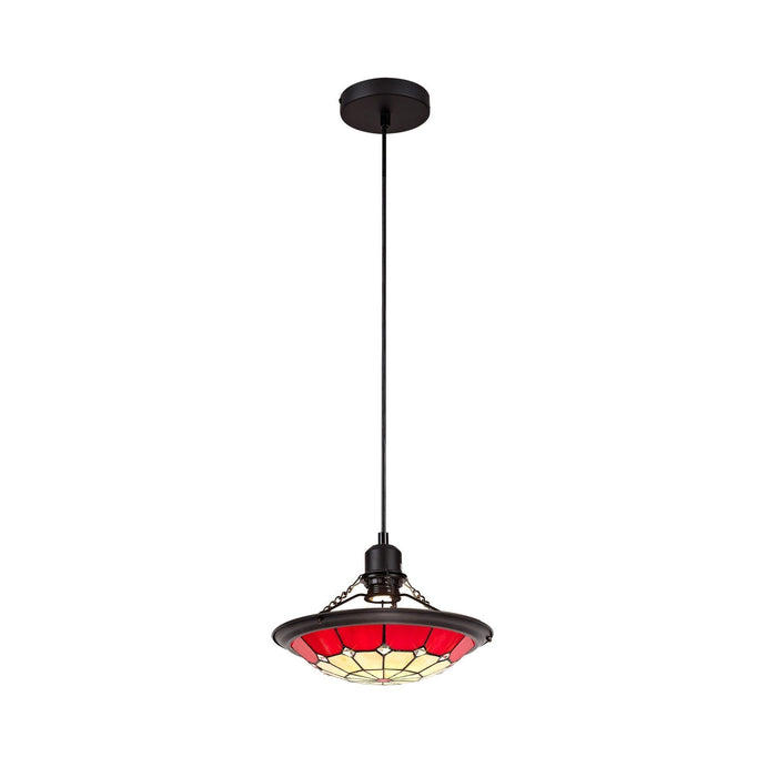Nelson Lighting NLK00059 Archie 1 Light Pendant With 35cm Tiffany Shade CRome/Red/Clear Crystal Centre/Aged Antique Brass Trim/Black
