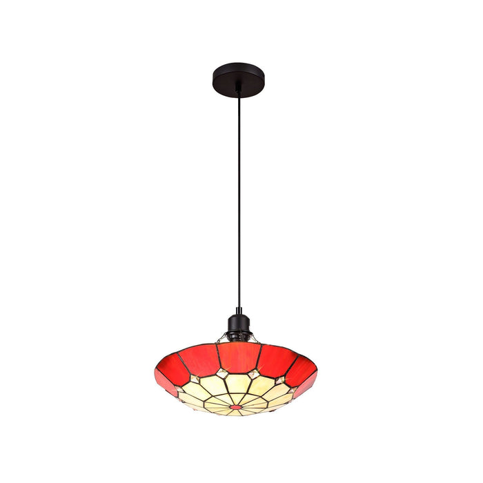 Nelson Lighting NLK00059 Archie 1 Light Pendant With 35cm Tiffany Shade CRome/Red/Clear Crystal Centre/Aged Antique Brass Trim/Black