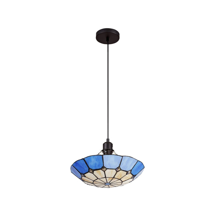 Nelson Lighting NLK00089 Archie 1 Light Pendant With 35cm Tiffany Shade CRome/Rich Blue/Clear Crystal Centre/Aged Antique Brass Trim/Black