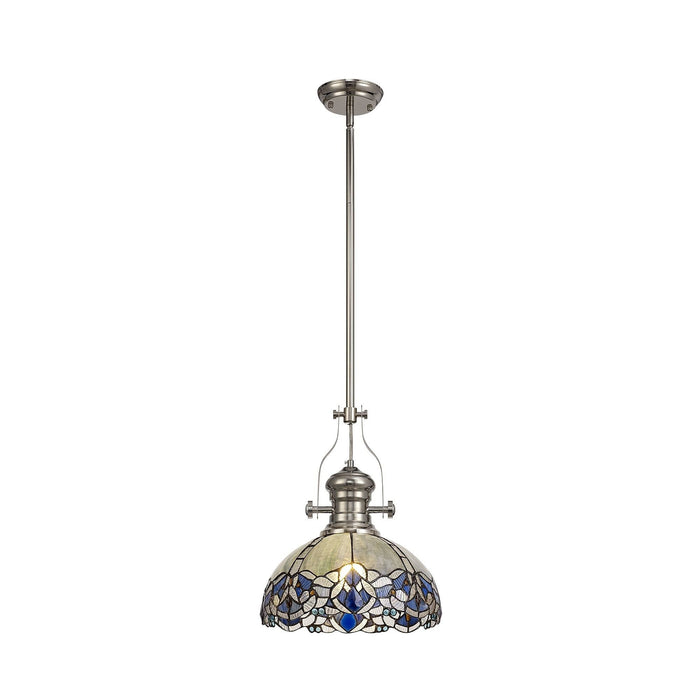 Nelson Lighting NLK04689 Louis/Ossie 1 Light Telescopic Pendant With 30cm Tiffany Shade Polished Nickel/Blue/Clear Crystal