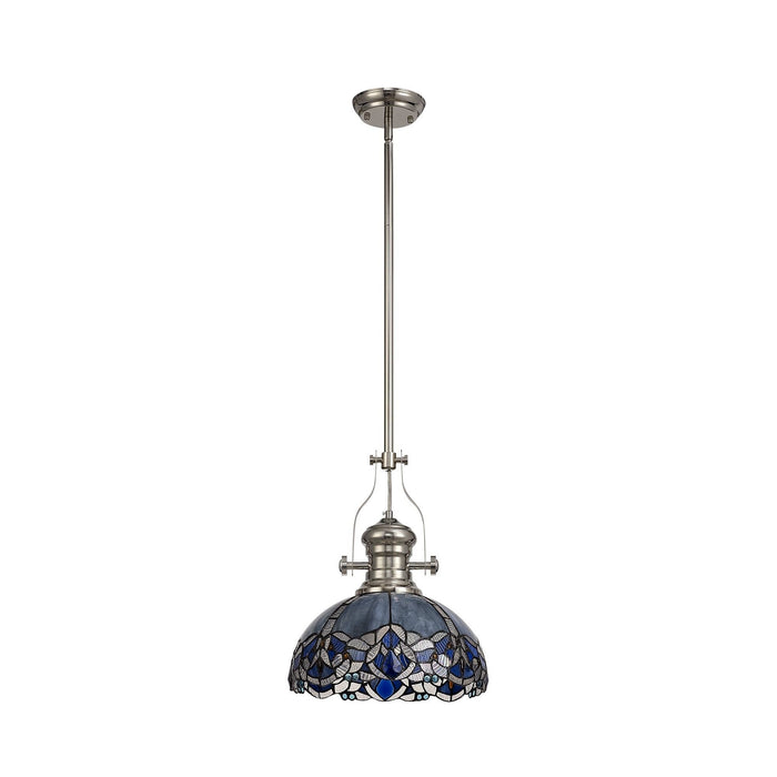 Nelson Lighting NLK04689 Louis/Ossie 1 Light Telescopic Pendant With 30cm Tiffany Shade Polished Nickel/Blue/Clear Crystal