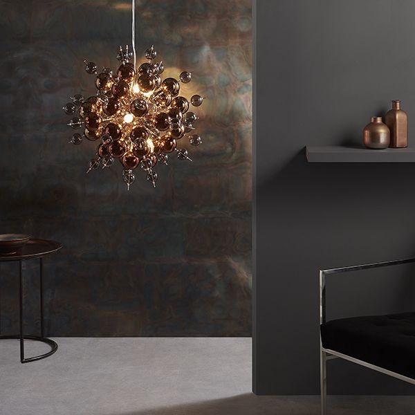 Nelson Lighting NL841584 9 Light Pendant Copper Plate With Copper Mirror & Tinted Glass