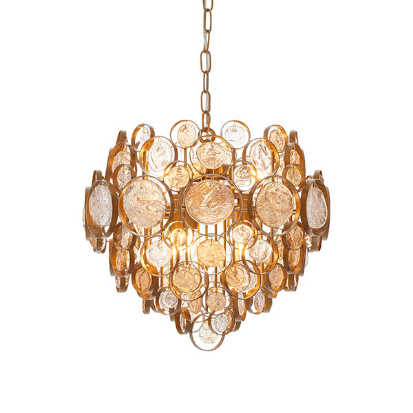 Nelson Lighting NL941989 6 Light Pendant Antique Gold Paint, Clear & Amber Glass