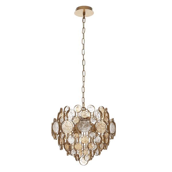 Nelson Lighting NL941989 6 Light Pendant Antique Gold Paint, Clear & Amber Glass