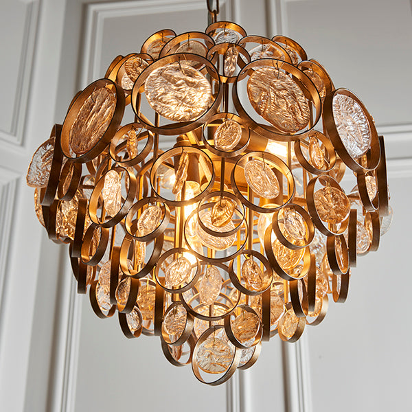 Nelson Lighting NL941989 6 Light Pendant Antique Gold Paint, Clear & Amber Glass