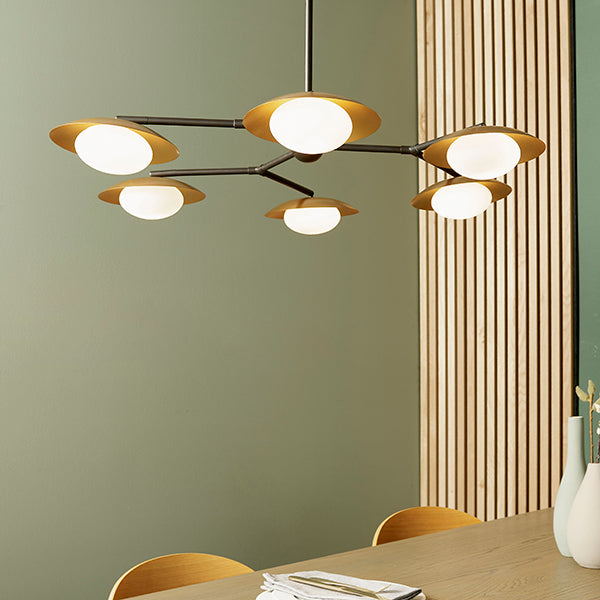 Nelson Lighting NL942035 6 Light Semi Flush Ceiling Light Gold & Dark Bronze Finish With Opal Glass