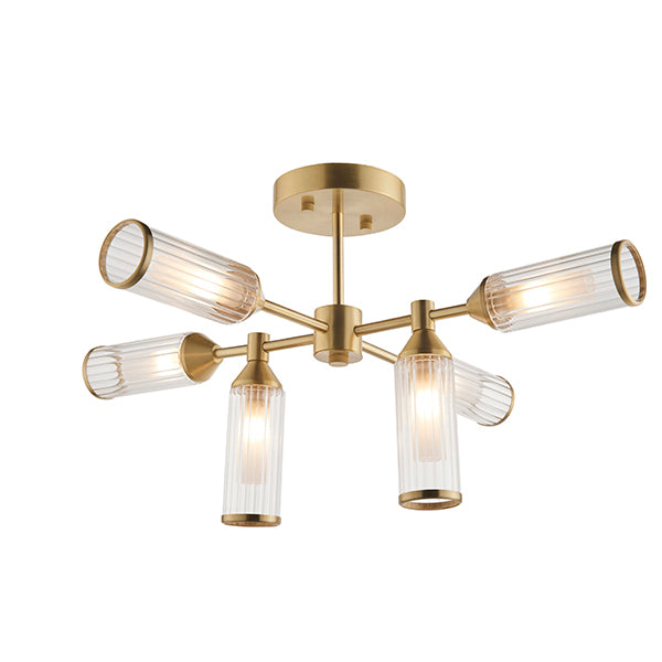 Nelson Lighting NL942213 6 Light Semi Flush Ceiling Light Satin Brass Plate With Clear & Frosted Glass