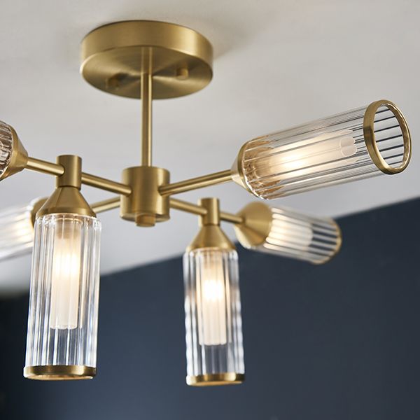 Nelson Lighting NL942213 6 Light Semi Flush Ceiling Light Satin Brass Plate With Clear & Frosted Glass