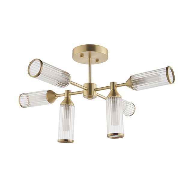 Nelson Lighting NL942213 6 Light Semi Flush Ceiling Light Satin Brass Plate With Clear & Frosted Glass