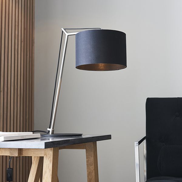 Nelson Lighting NL942629 1 Light Table Lamp Matt Nickel Plate & Black Cotton Fabric